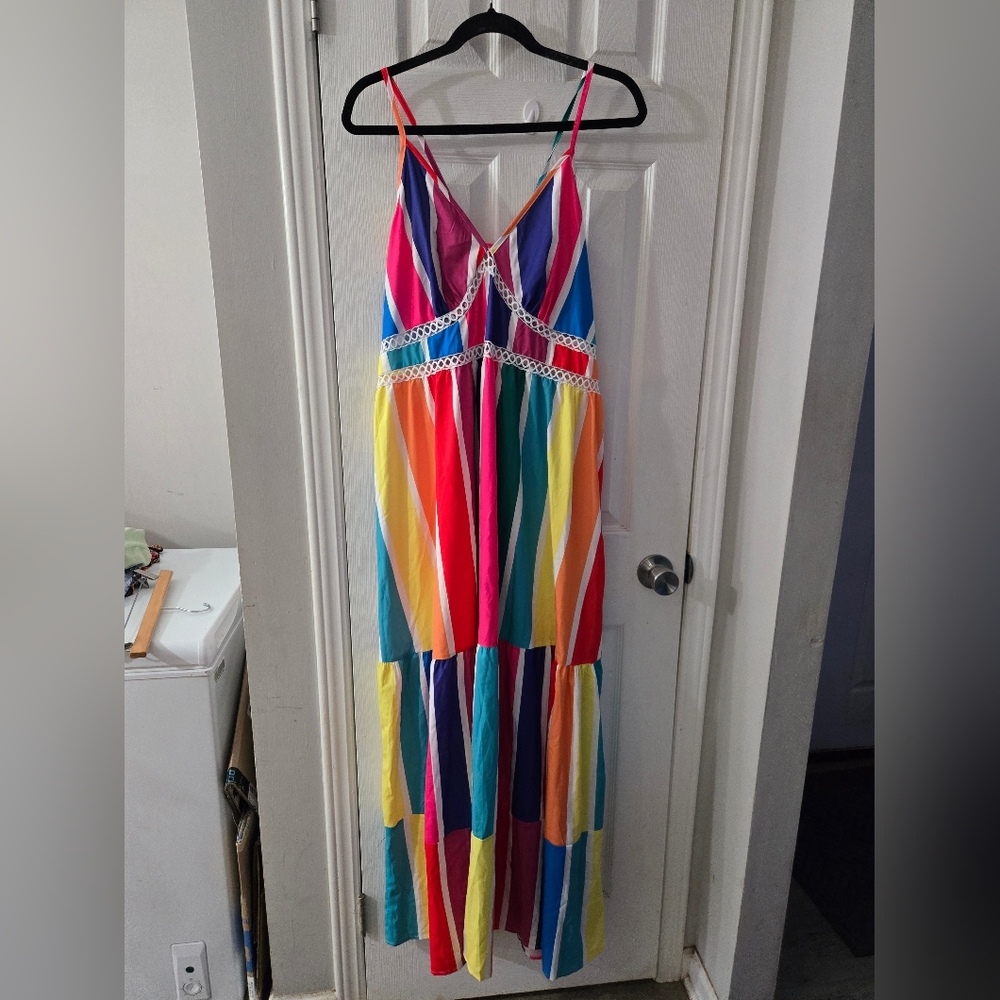SHEIN Multicolor Striped Maxi Dress with Crochet Trim